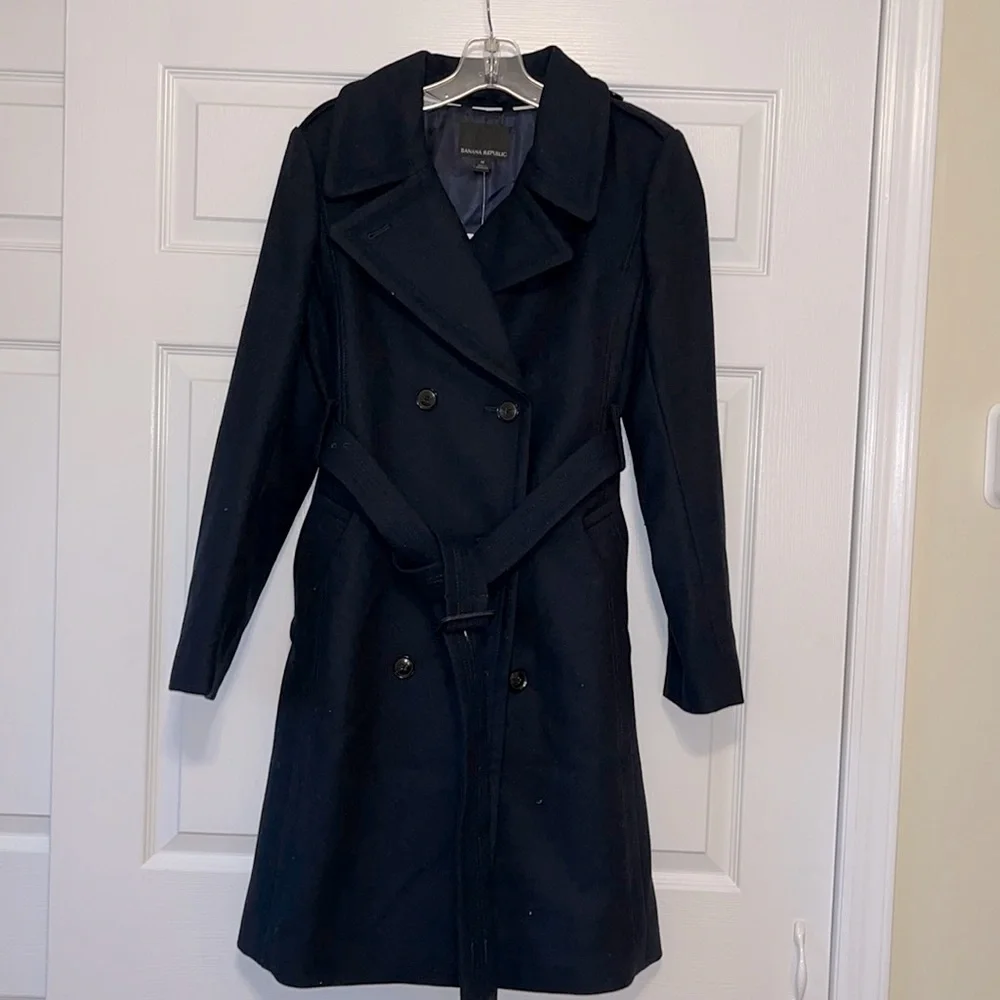 Banana Republic Navy Blue Double Breasted Wool Winter Coat Size M - Picture 1 of 12